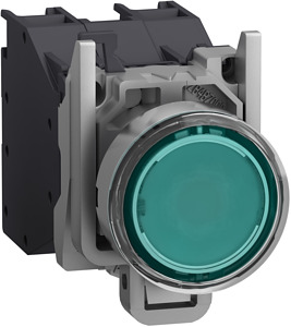 Complete illuminated push button, H armony XB4, metal, flush, green, Ø22 mm,