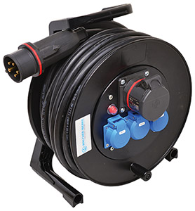 Kabeltrommel 400V CEE-Abgang 5P 16A 3 Schutzkontaktsteckdosen 16A 2P+E